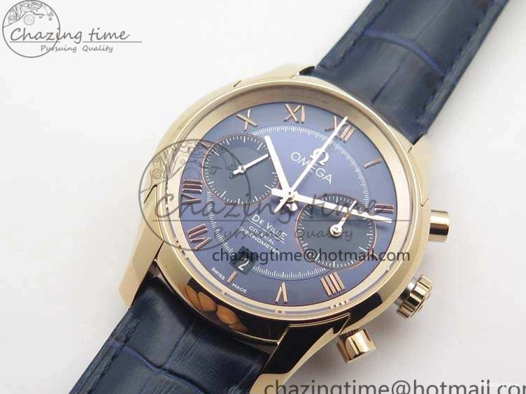 0128 QuickDry De Ville Chronograph RG OMF 1:1 Best Edition Blue Dial On Blue Leather Strap A 8107